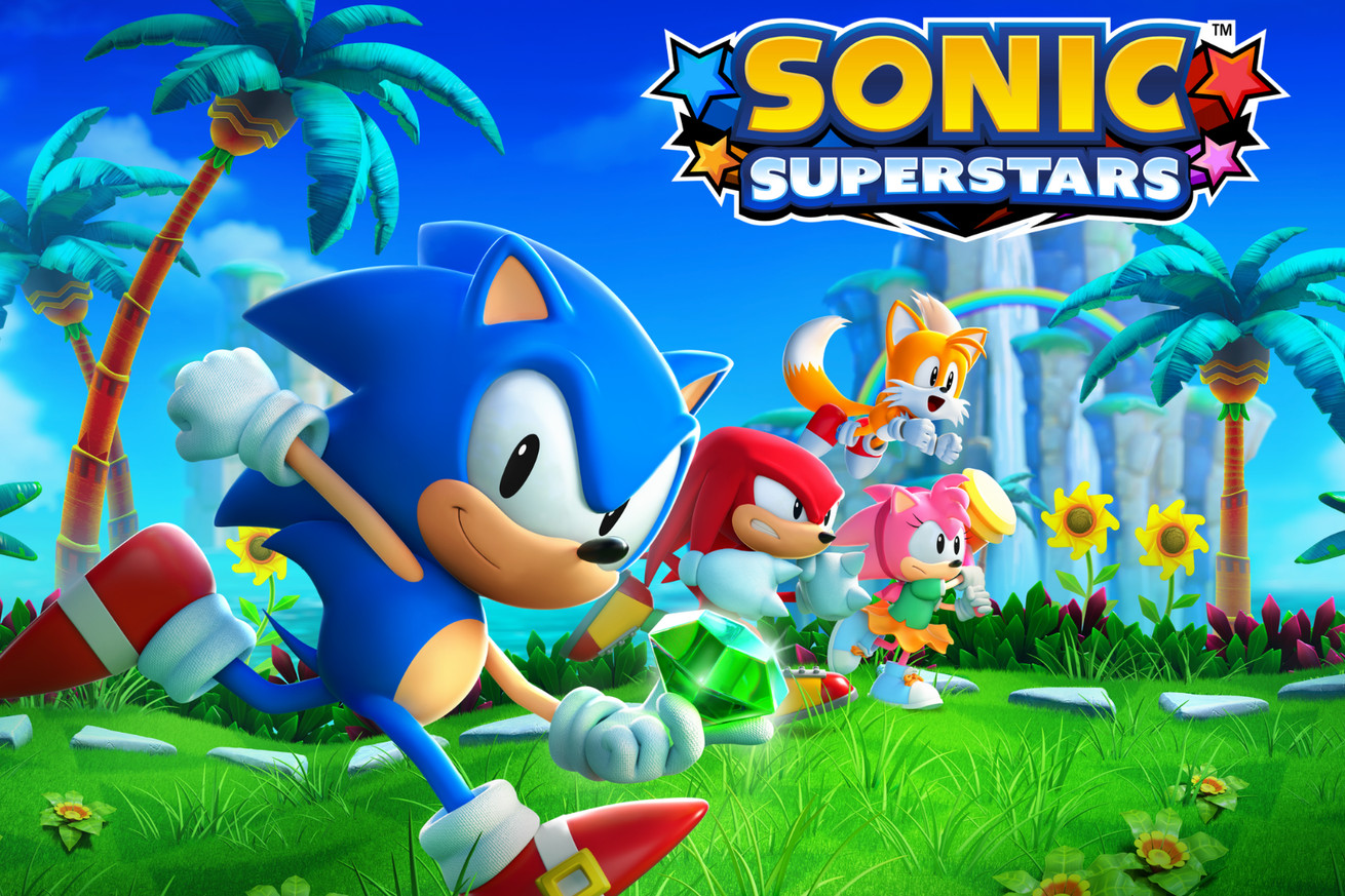 Key art of Sonic Superstars featuring 3D sprites of Sonic, Amy, Tails, and Knuckles