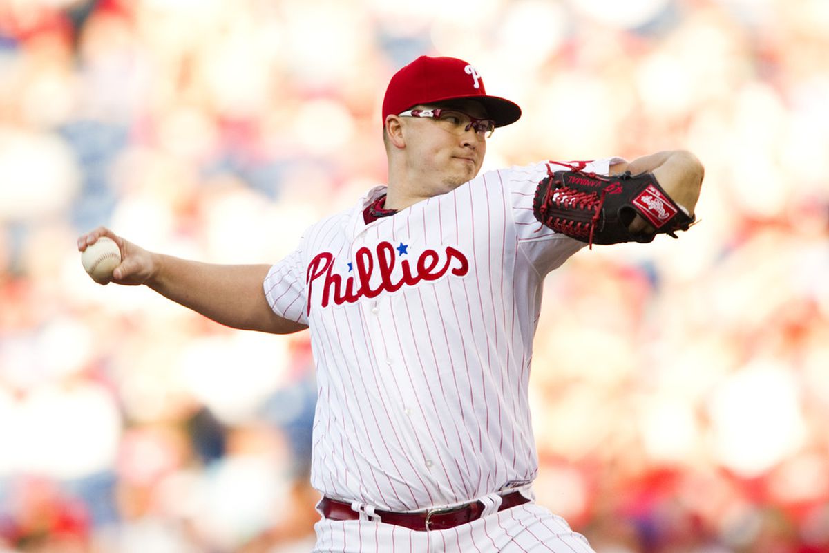 Jun 26, 2012; Philadelphia, PA, USA; Philadelphia Phillies pitcher Vance Worley (49) delivers to the plate during the first inning against the Pittsburgh Pirates at Citizens Bank Park. Mandatory Credit: Howard Smith-US PRESSWIRE