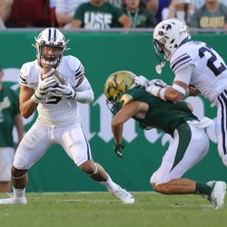Linebacker Chaz Ah You intercepts a pass in BYU’s loss to USF at Raymond James Stadium in Tampa, Florida on Saturday, Oct. 12, 2019.