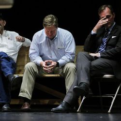 Draper Mayor Troy Walker and Salt Lake County Mayor Ben McAdams attend a meeting at Draper Park Middle School of angry Draper residents voicing their opinions on Wednesday, March 29, 2017.