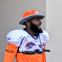Birthday boy and Broncos safety Darian Stewart comes out of the locker room for training camp day seven.
