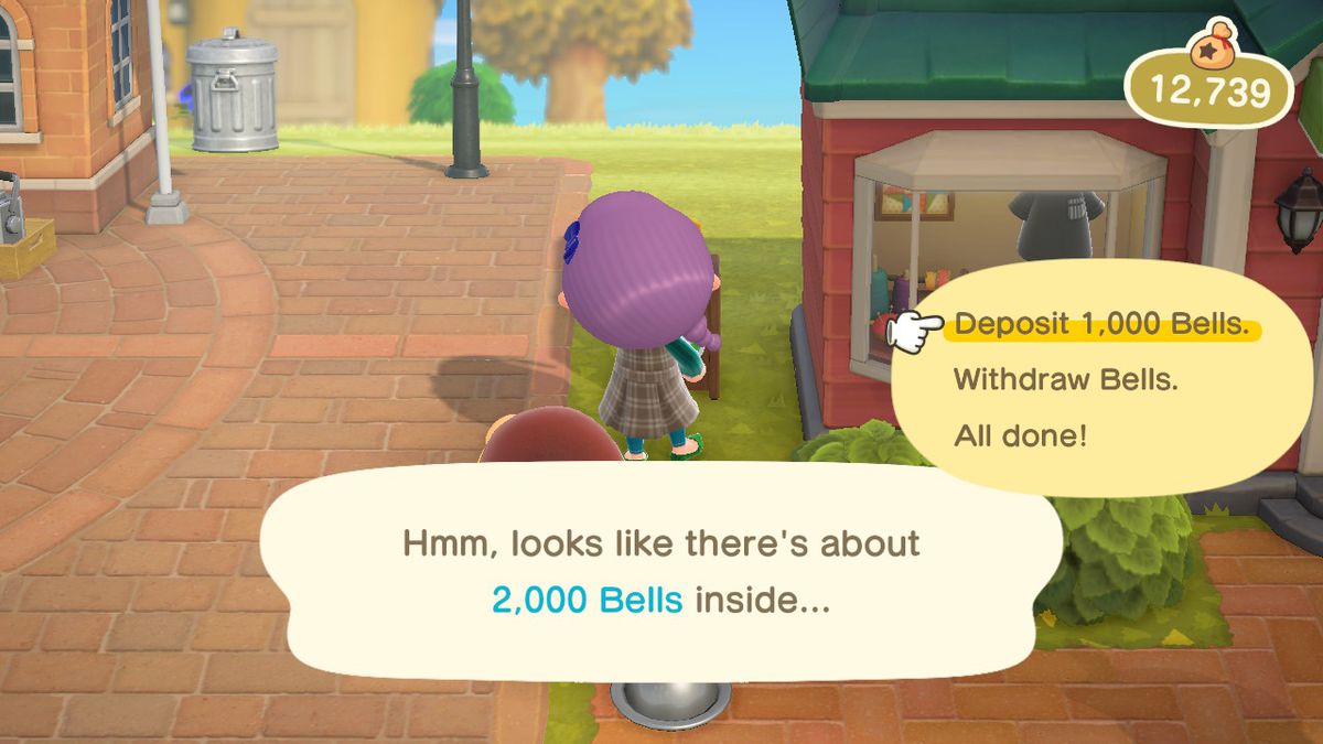 The donation box says: “Hmm, looks like there’s about 2.000 bells inside.” The options are to Deposit 1,000 bells, Withdraw bells, and All done!