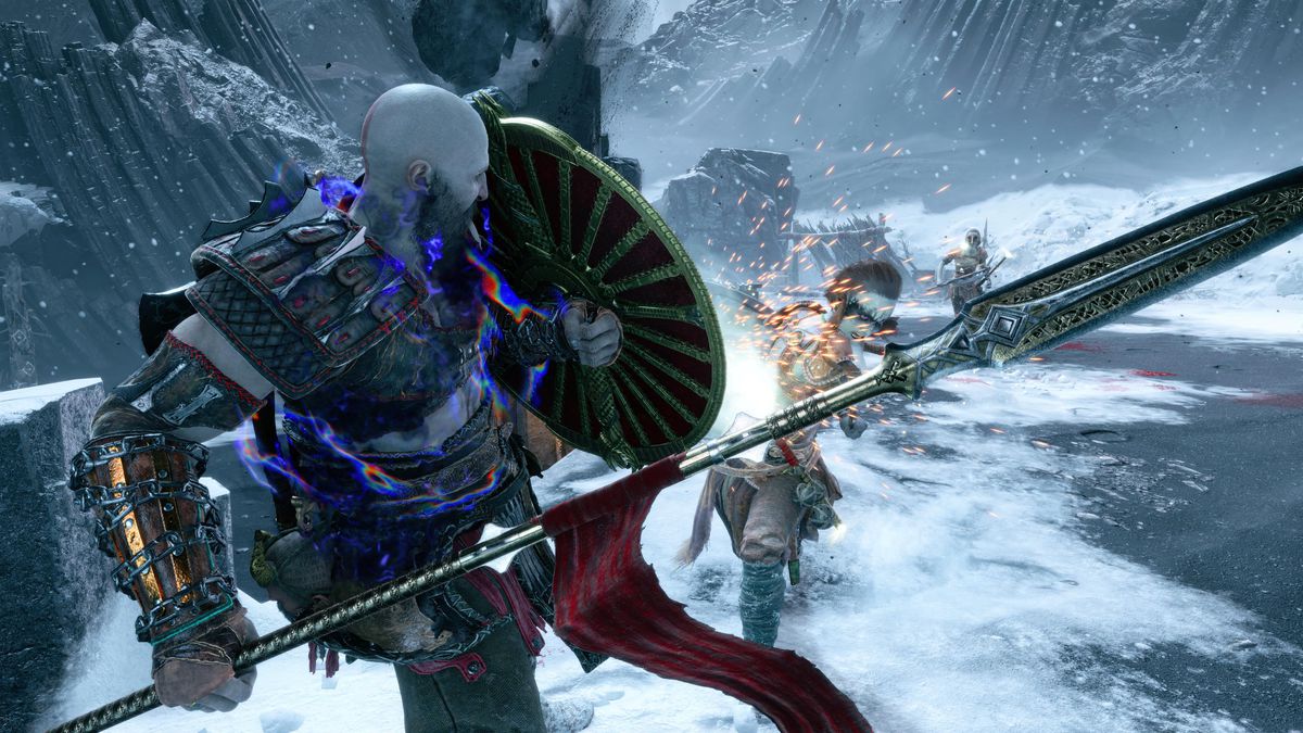 Kratos, wielding a spear and shield, blocks an attack from one of two enemies in a snowy landscape in God of War Ragnarök: Valhalla