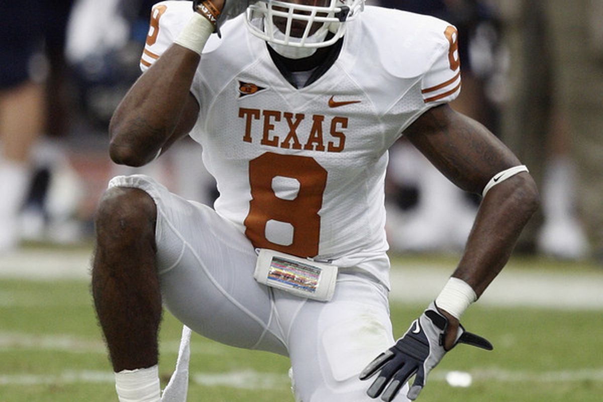 HOUSTON - SEPTEMBER 04:  Cornerback Chykie Brown #8 of the Texas Longhorns reacts after almost intercepting a pass against the Rice Owls at Reliant Stadium on September 4 2010 in Houston Texas.  (Photo by Bob Levey/Getty Images)