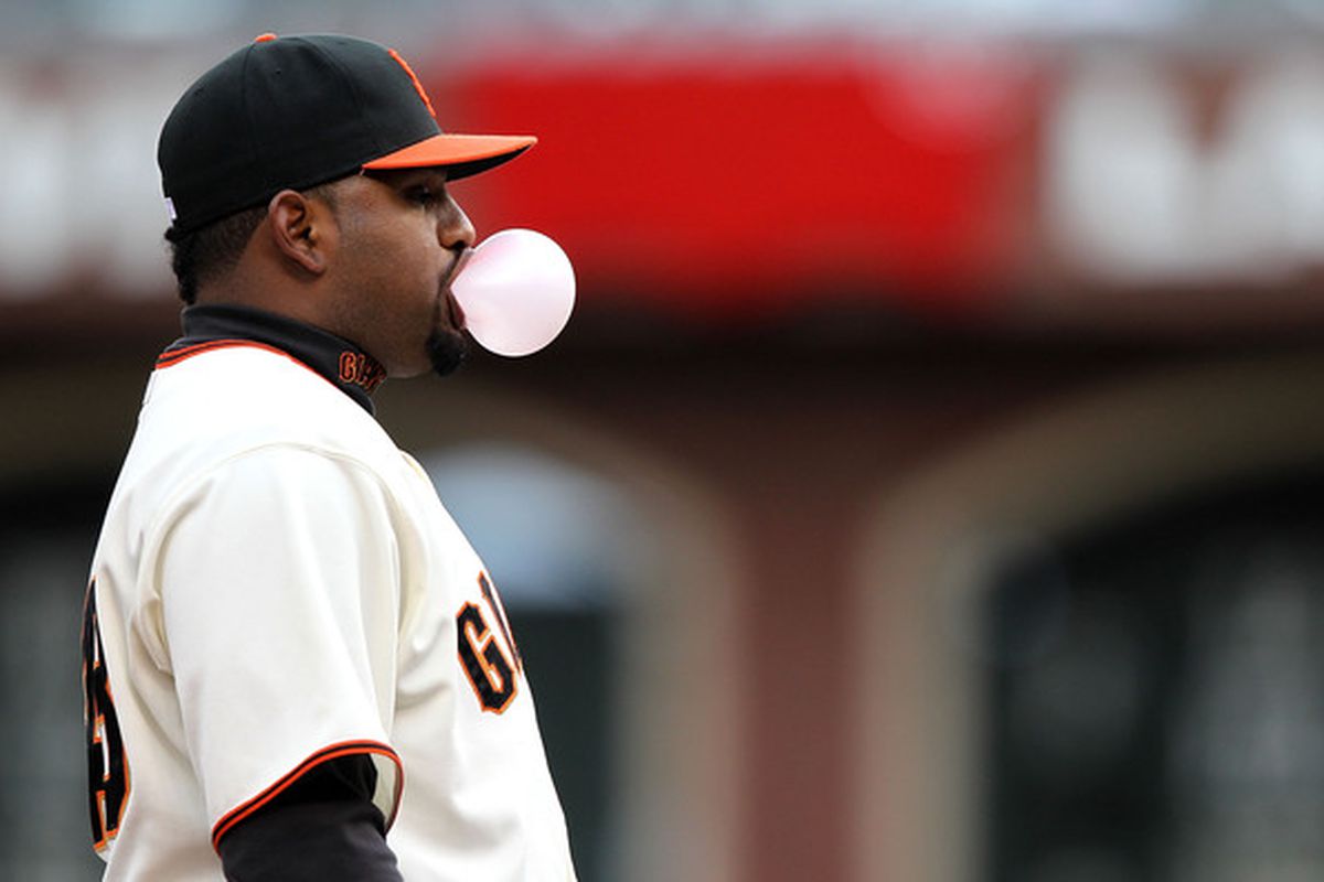 SAN FRANCISCO - APRIL 11:  Pablo Sandoval #48 of the San Francisco Giants blows a bubble against the Atlanta Braves during an MLB game at AT&T Park on April 11, 2010 in San Francisco, California.  (Photo by Jed Jacobsohn/Getty Images)