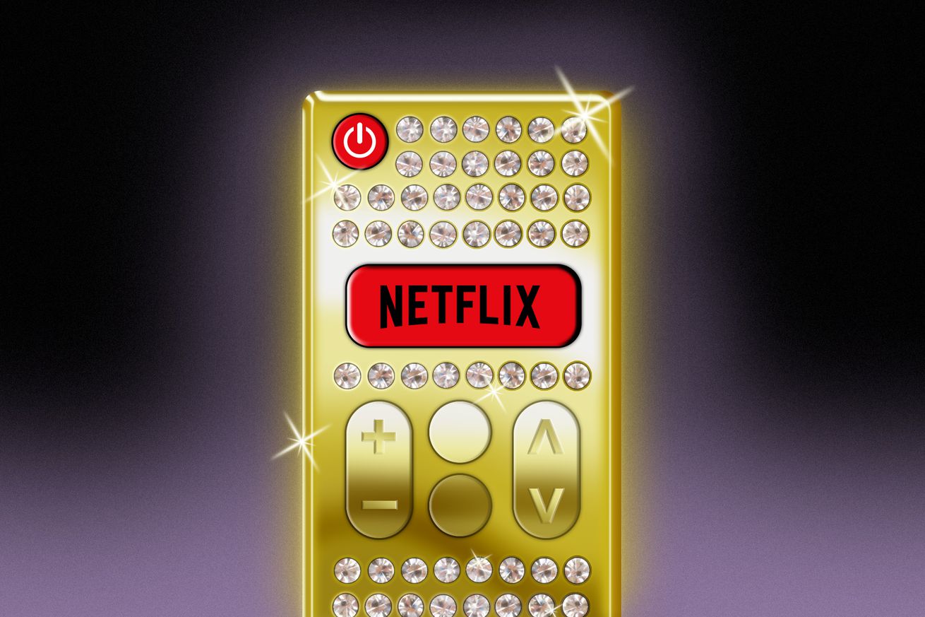 Illustration of a shiny gold TV remote, crusted in diamonds, with a big Netflix button.