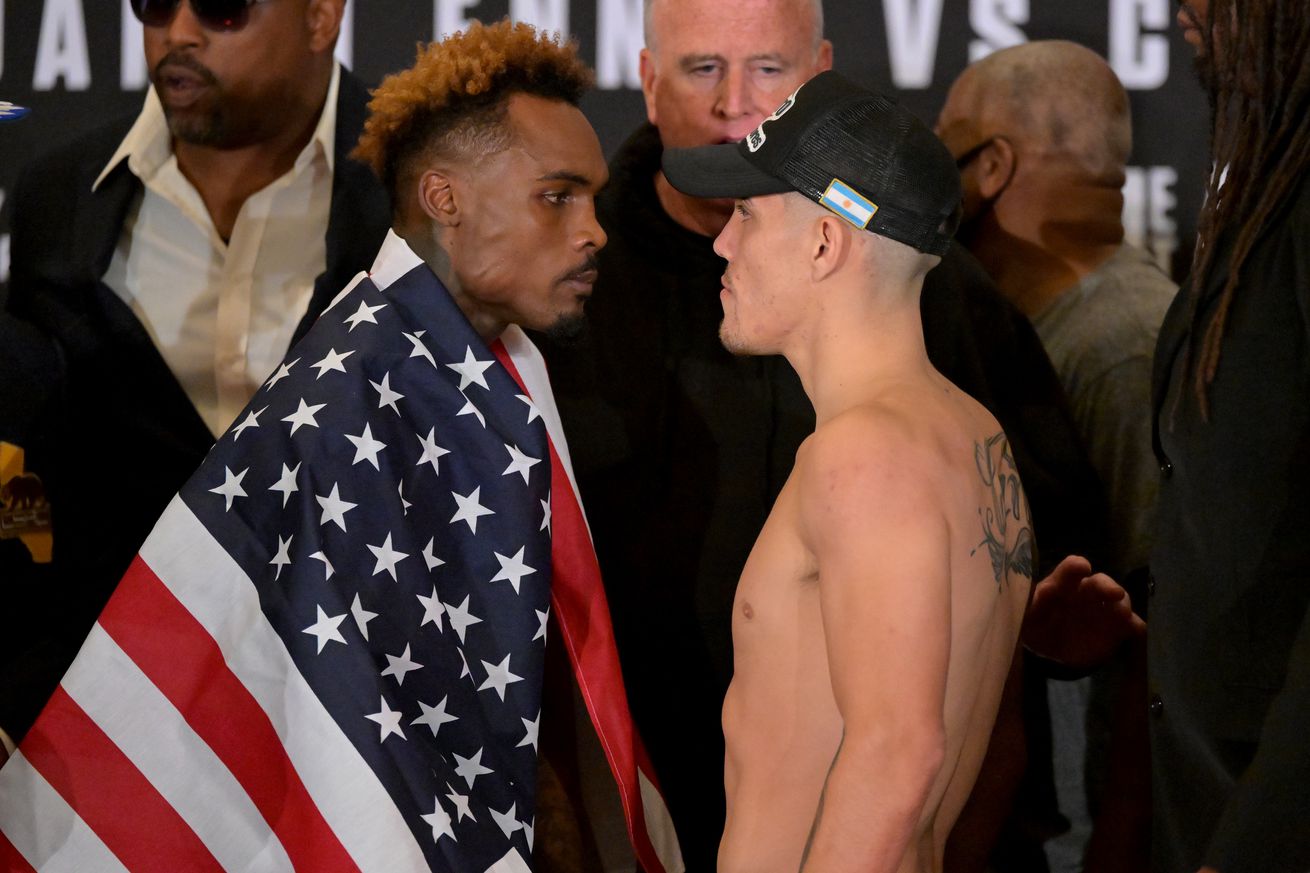 Jermell Charlo and Brian Castano II face off on stage at the weigh-ins.
