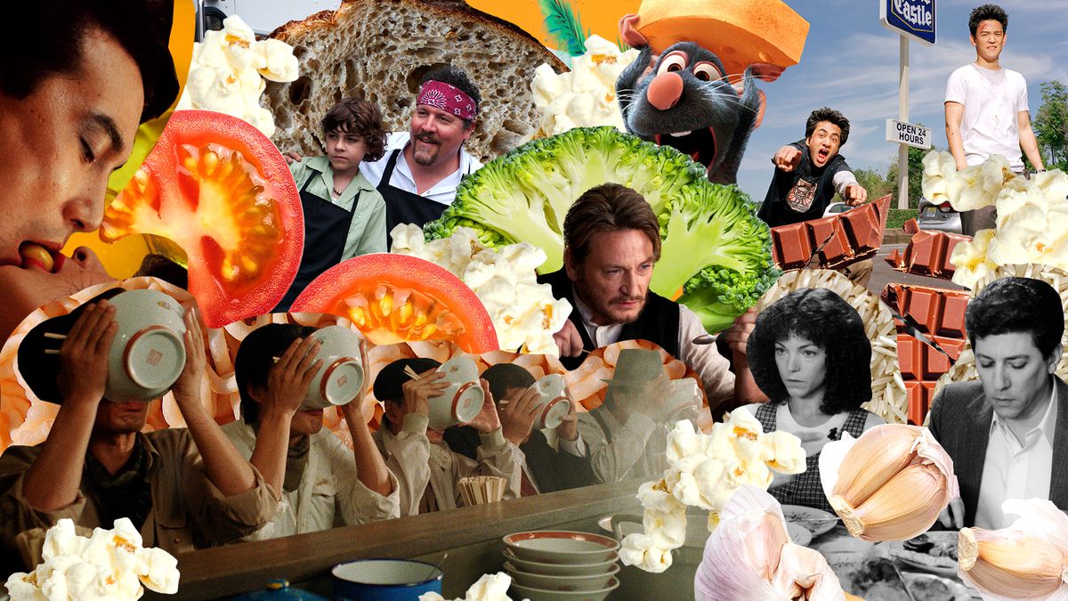 A collage of scenes from the movies Tampopo, Chef, Ratatouille, Harold and Kumar Go to White Castle, and Crossing Delancey