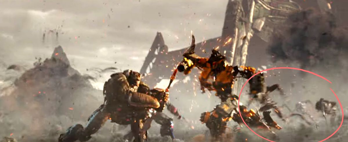 A frame of two Transformers fighting with a circle in the background pointing out some indistinguishable Transformers also fighting in Transformers: Rise of the Beasts