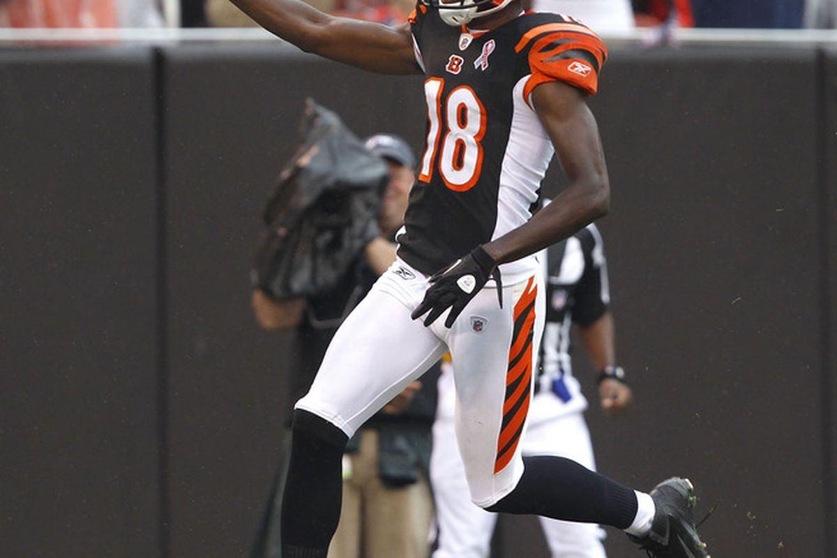CLEVELAND, OH - SEPTEMBER 11:  Wide receiver A.J. Green #18 of the Cincinnati Bengals scores a touchdown against the Cleveland Browns at Cleveland Browns Stadium on September 11, 2011 in Cleveland, Ohio.  (Photo by Matt Sullivan/Getty Images)