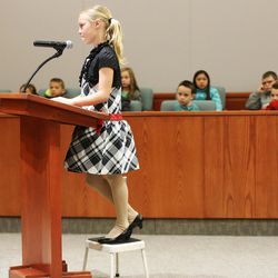 Attorney Ellie Baugh speaks as third-grade students from Kaysville's Endeavor Elementary conduct a mock trial with 2nd District Court Judge Thomas Kay at the Farmington Courthouse on Tuesday, March 22, 2016. The trial focused on the case of Big Bad Wolf vs. Curley the Pig. Big Bad Wolf was acquitted. Utah State Court judges are encouraged to take an active part in the community to increase public understanding and promote public confidence in the judiciary. As part of this effort, Kay conducted the mock trial with students playing prosecuting and defense attorneys, witnesses, victims, the defendant, jurors, and courtroom personnel. 