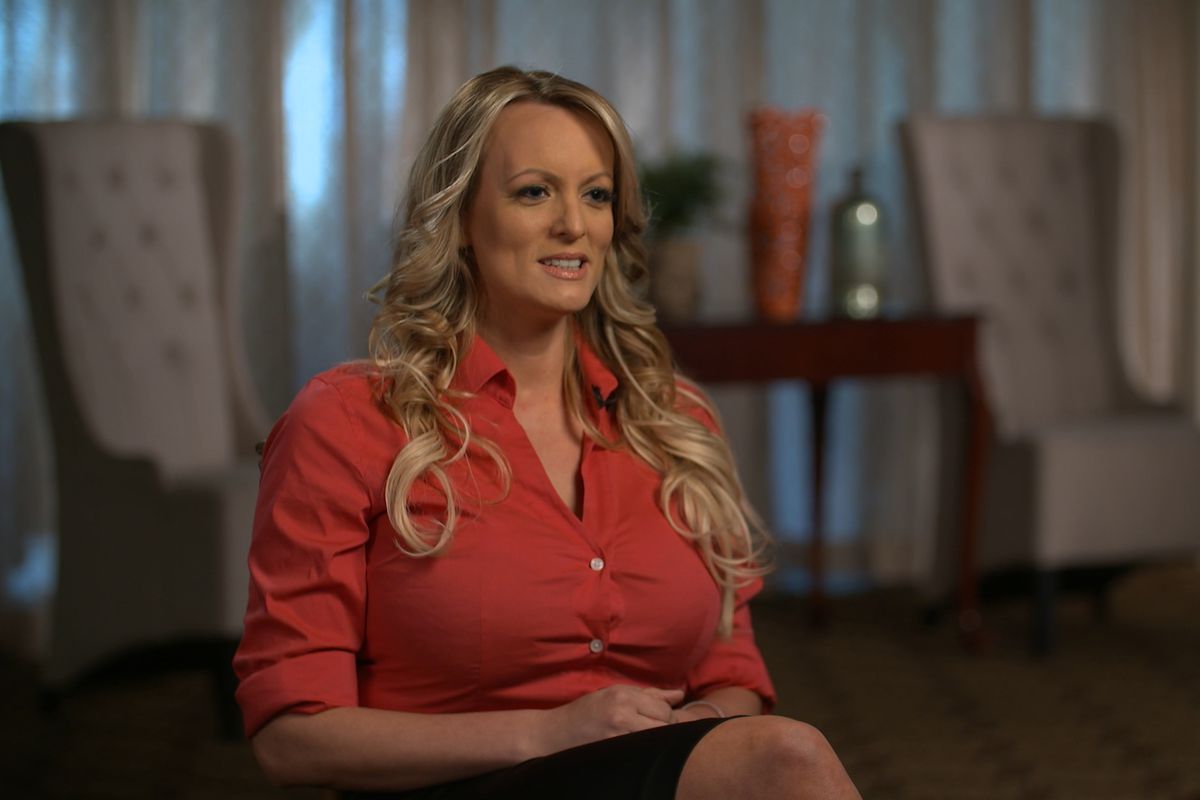 Stormy Daniels, who says she had a sexual encounter with Donald Trump, pictured during her 60 Minutes interview with Anderson Cooper.