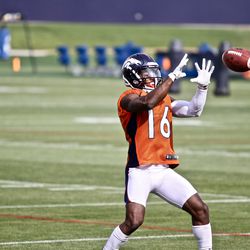 Denver Broncos WR Isaiah McKenzie sees the ball into his hands on day one of training camp.