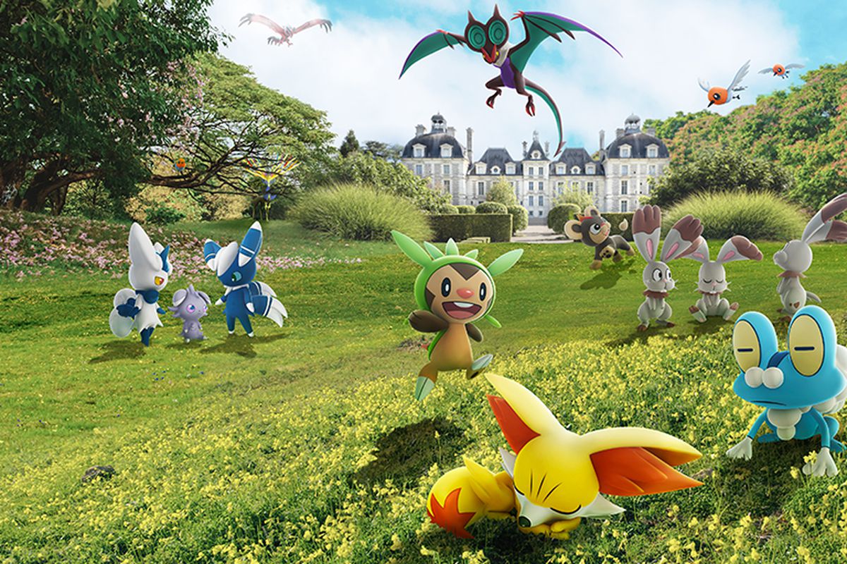 A bunch of Kalos region Pokémon stand and nap on a grassy field