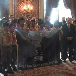 Boy Scouts from Troop 1262 meet Gov. Gary Herbert on Monday, June 24, 2013. The Scouts will soon be heading to West Virginia for the National Scout Jamboree.