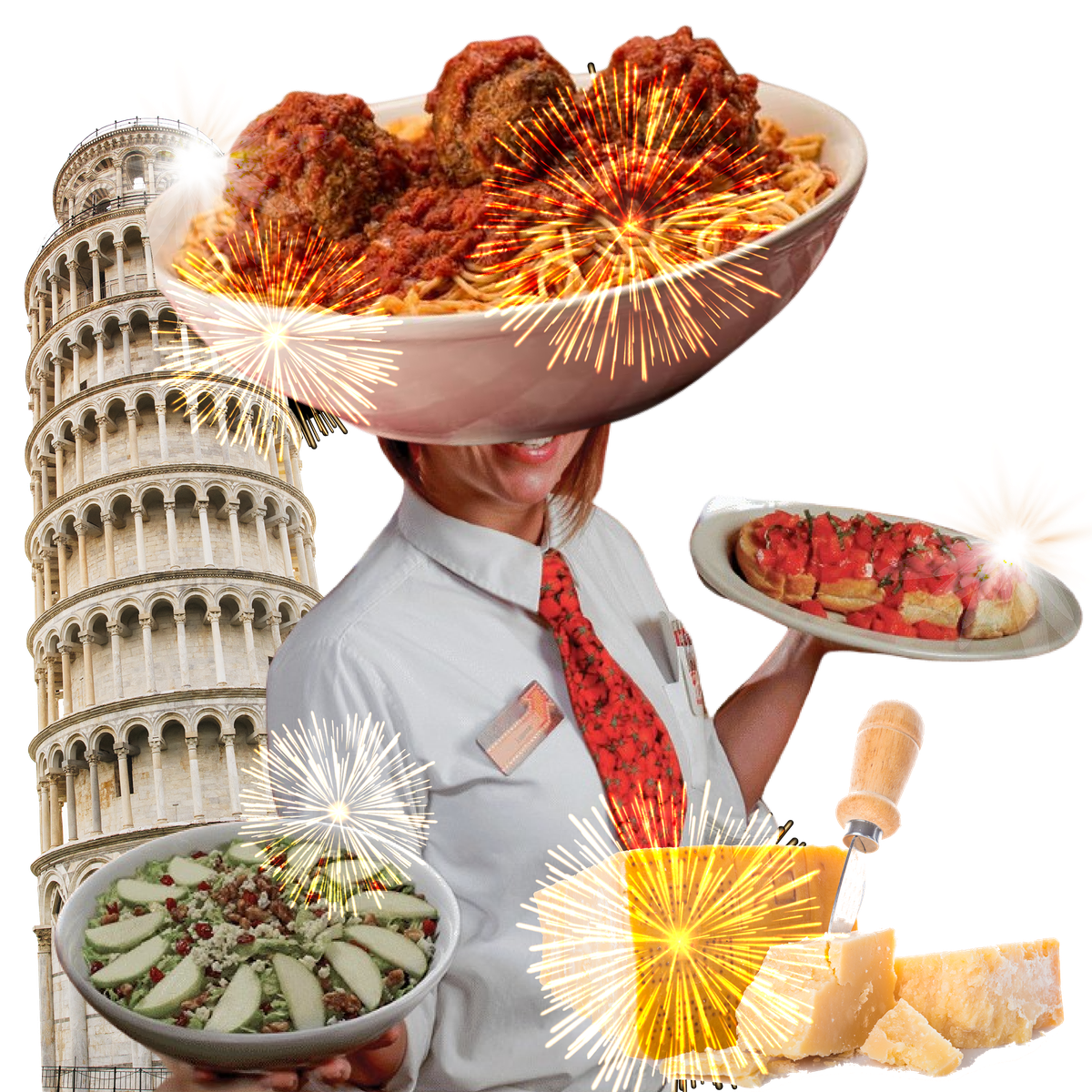 Leaning Tower of Pisa next to a waitress, blocks of cheese, apple salad, and spaghetti and meatballs.