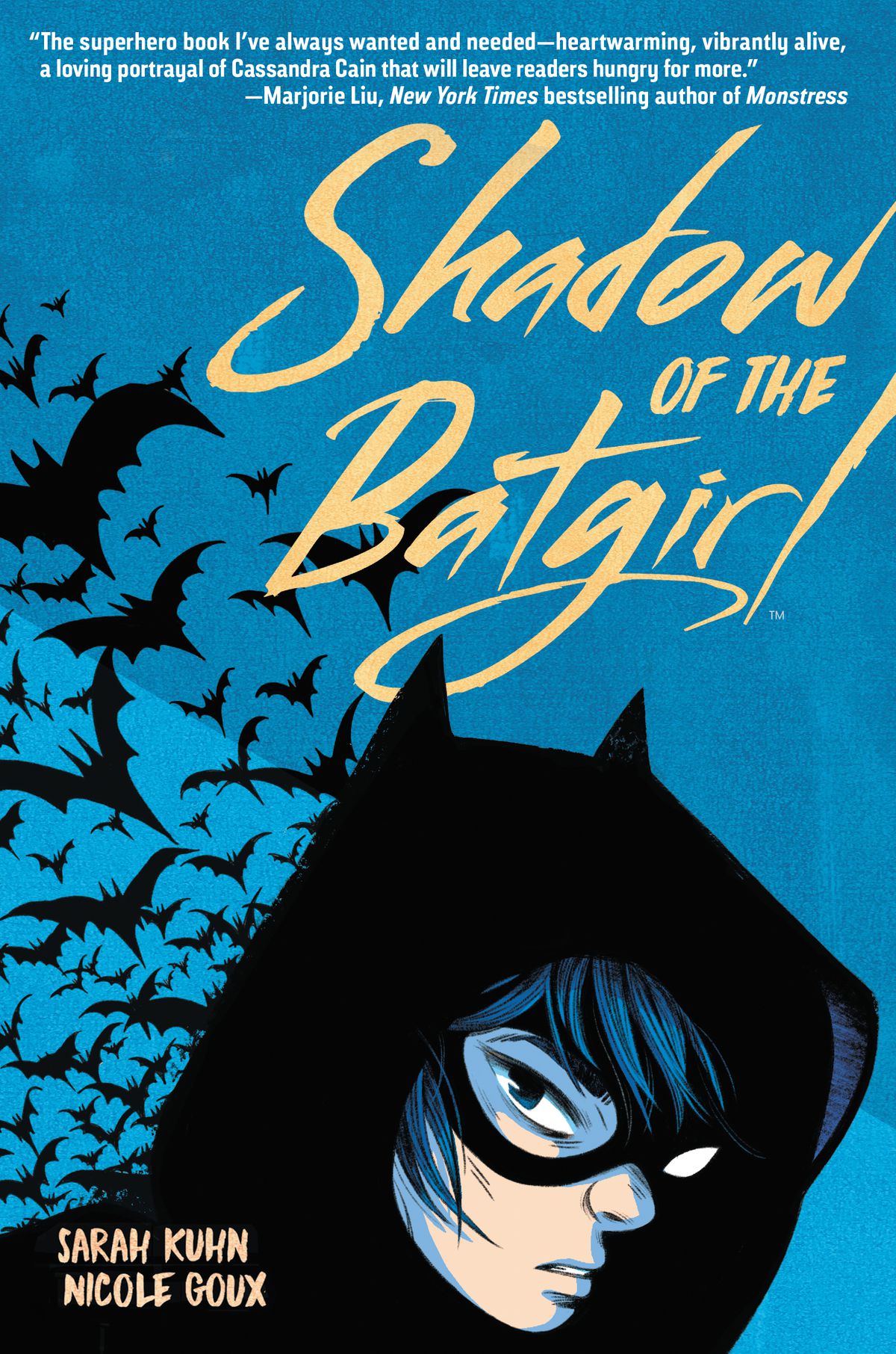 Cassandra cain wears a domino mask and a bat-eared hood, surrounded by a flock of bats, on the cover of Shadow of the Batgirl, DC Comics (2020).