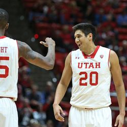 Utah Utes forward Chris Reyes (20) smiles after making a basketball and getting fouled Sunday, Feb. 15, 2015, in Salt Lake City. Utah beat Cal, 76-61.
