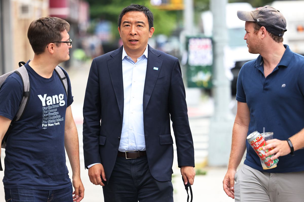 NYC mayoral candidate Andrew Yang arrives for a press conference with Assembly Member Simcha Eichenstein on June 21, 2021 in Bensonhurst, Brooklyn.