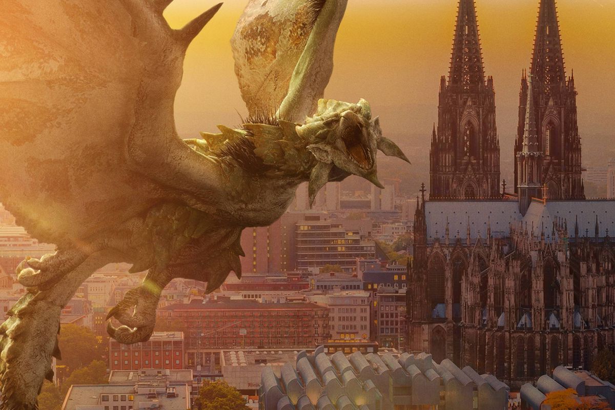 A creature from Monster Hunter flying over a real world city