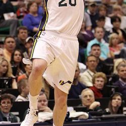 Gordon Hayward of the Utah Jazz banks in a shot at the end of the first quarter during NBA basketball in Salt Lake City Friday, April 12, 2013.