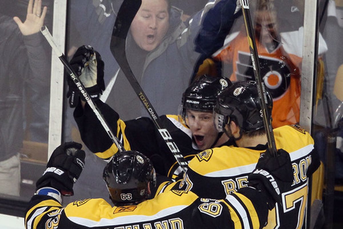 Steven Kampfer (shown here celebrating his game-winner against the Flyers) has been a huge help to the Bruins defense, but more is needed.  