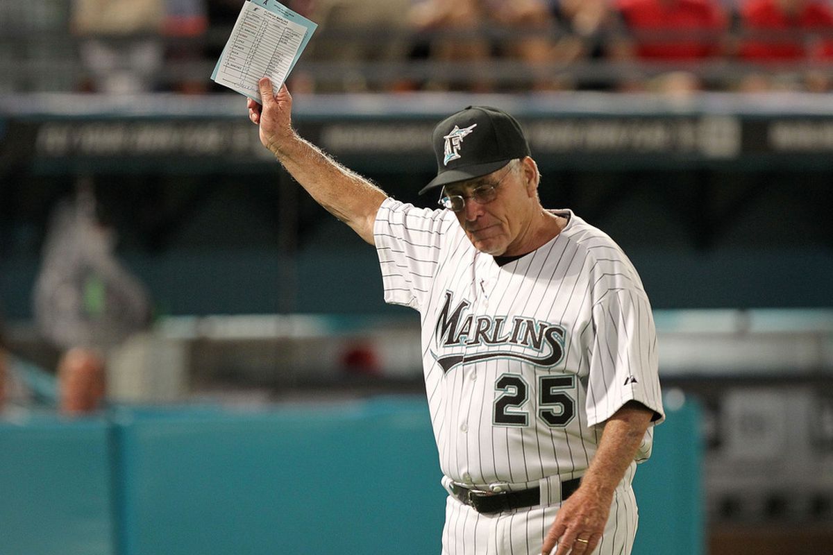 MIAMI GARDENS, FL - JUNE 20:  New manager of the Florida Marlins Jack McKeon #25 looks on during a game against the Los Angeles Angels of Anaheim at Sun Life Stadium on June 20, 2011 in Miami Gardens, Florida.  (Photo by Mike Ehrmann/Getty Images)