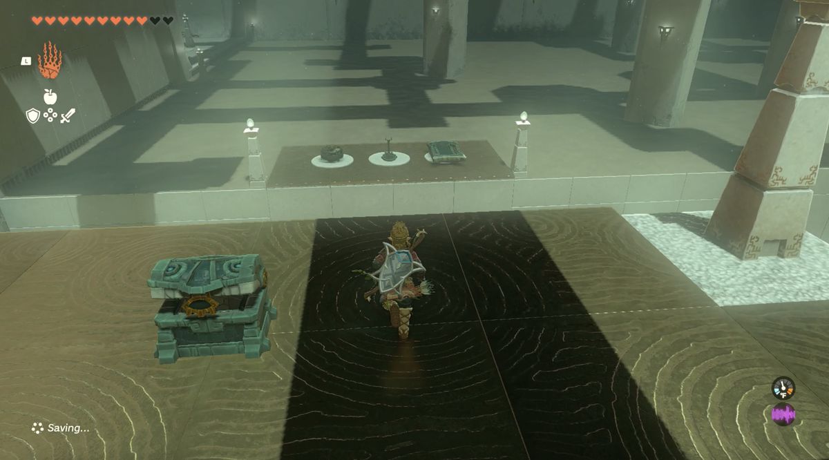 Link prepares to run and jump across a chasm in the Mayatat Shrine in Zelda: Tears of the Kingdom.