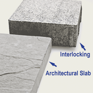<p>The two types of concrete pavers: interlocking and architectural slab</p>