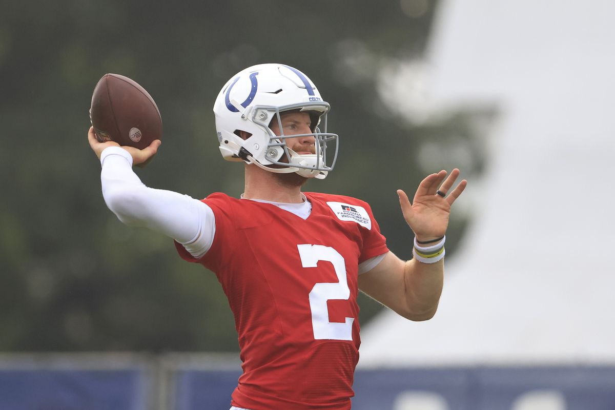 Carson Wentz #2 of the Indianapolis Colts throws a pass during the Indianapolis Colts Training Camp at Grand Park on July 29, 2021 in Westfield, Indiana.