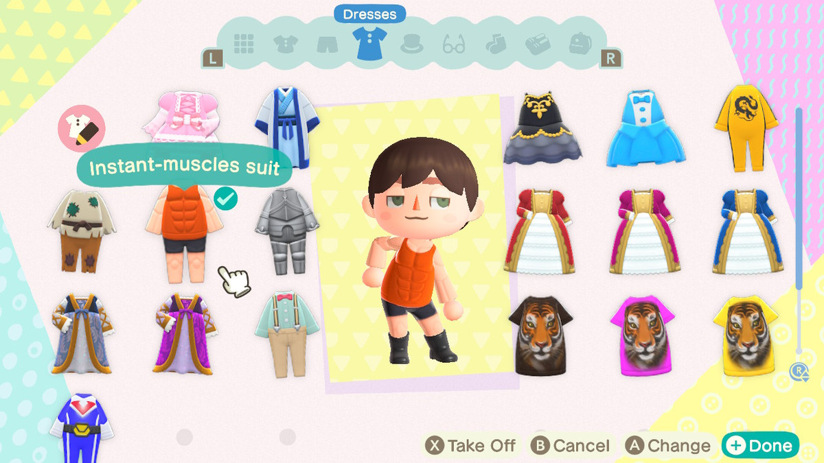 Animal Crossing: New Horizons - a player wears an instant muscle suit in their wardrobe