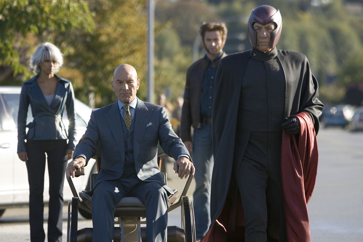 Storm (Halle Berry), Xavier (Patrick Stewart), Wolverine (Hugh Jackman) and Magneto (Ian McKellen) arrive for a fateful encounter with Jean Grey in "X-Men: The Final Stand."
