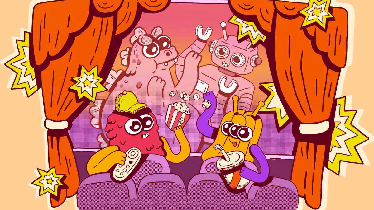 An illustration containing two characters enjoying a movie in theater seats. They’re turned away from the screen, holding up popcorn, soda, and a Chromecast remote. On the screen is a kaiju battle between a robot and a giant bipedal lizard.