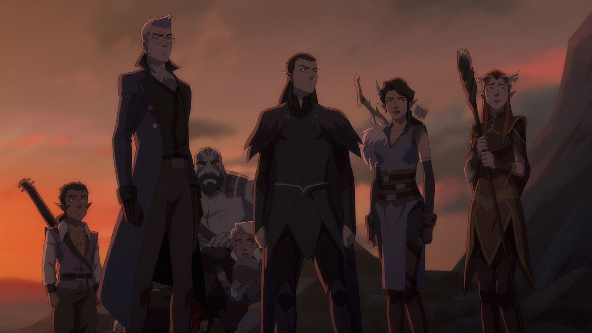 a gorup of heroes, including one human, three half-elves in the frotn, and a small gnome and a giant goliath in the back, stand in front of a brilliant sunset, looking out into the distance