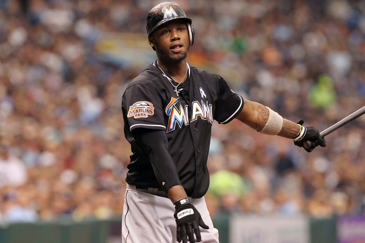 June 17, 2012; St. Petersburg, FL, USA; Miami Marlins third baseman Hanley Ramirez (2) strikes out in the sixth inning against the Tampa Bay Rays at Tropicana Field. The Rays won 3-0. Mandatory Credit: Kim Klement-US PRESSWIRE