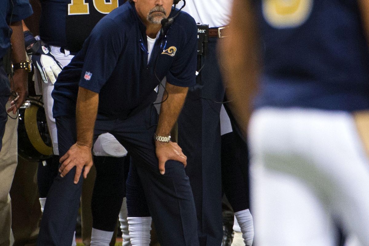 Aug 18, 2012; St. Louis, MO, USA; St. Louis Rams head coach Jeff Fisher looks on before the snap against the Kansas City Chiefs during the first half at the Edward Jones Dome. Mandatory Credit: Photo by Scott Rovak-US PRESSWIRE