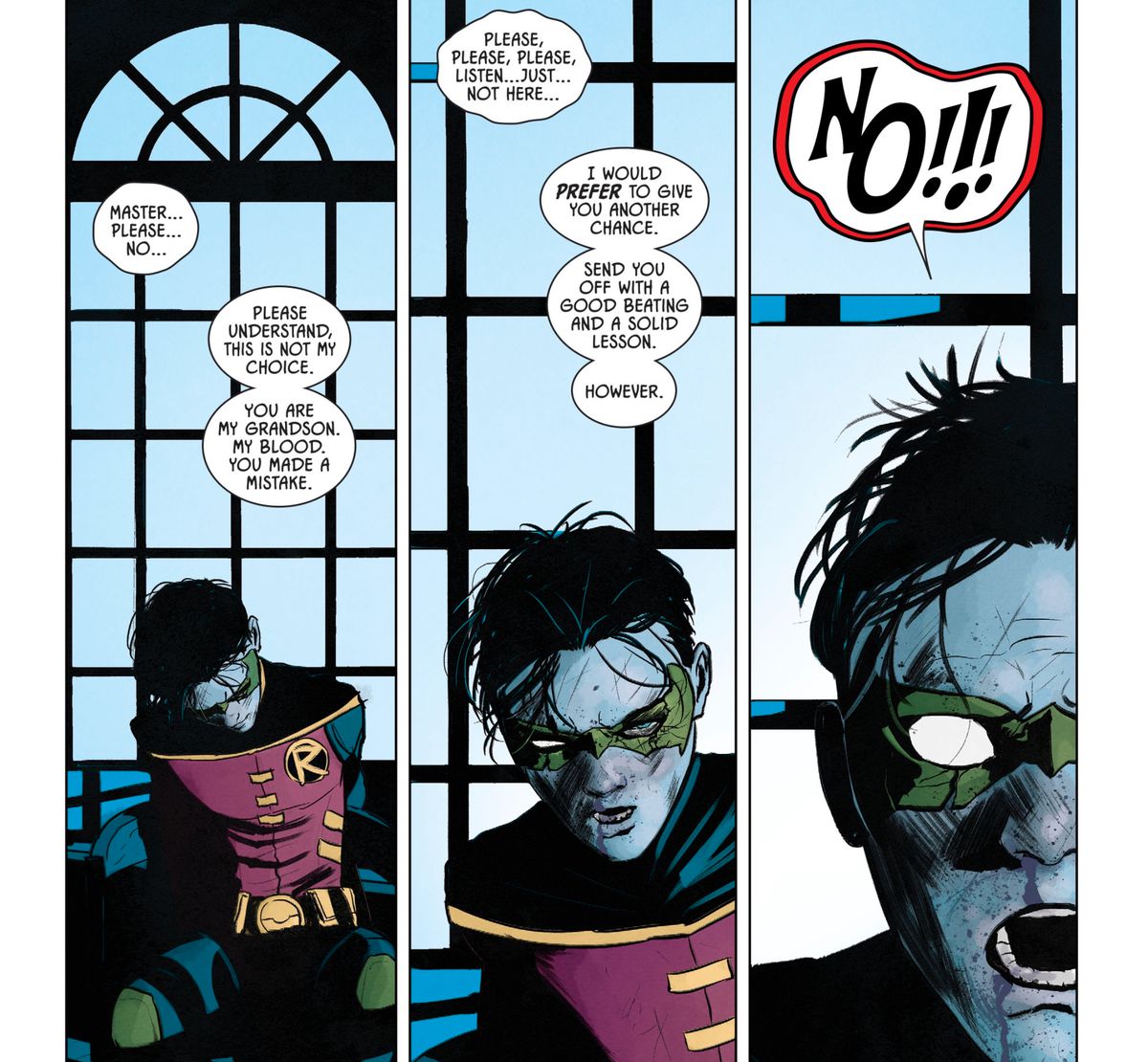 Damian Wayne/Robin comes back to consciousness as his grandfather explains that he’s about to kill Alfred Pennyworth in order to punish Damian, in Batman #77, DC Comics (2019). 