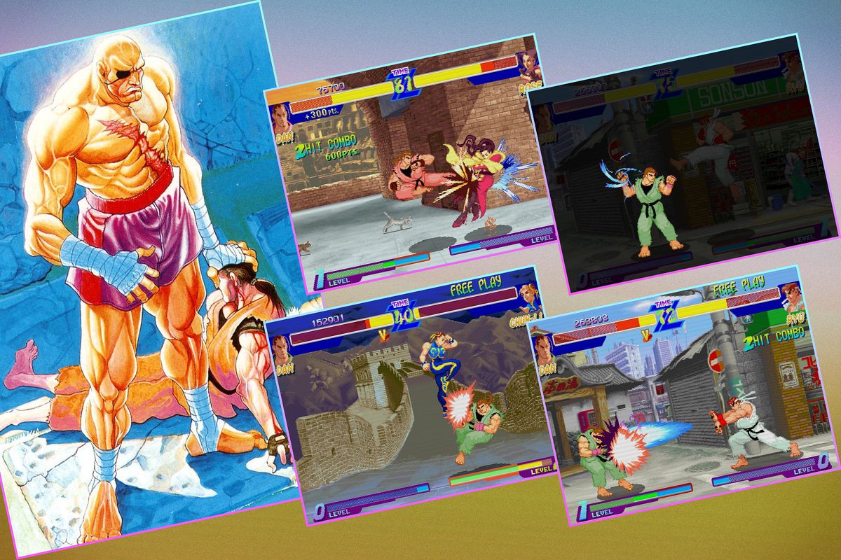 Screenshots and artwork show the character Dan in Street Fighter Alpha