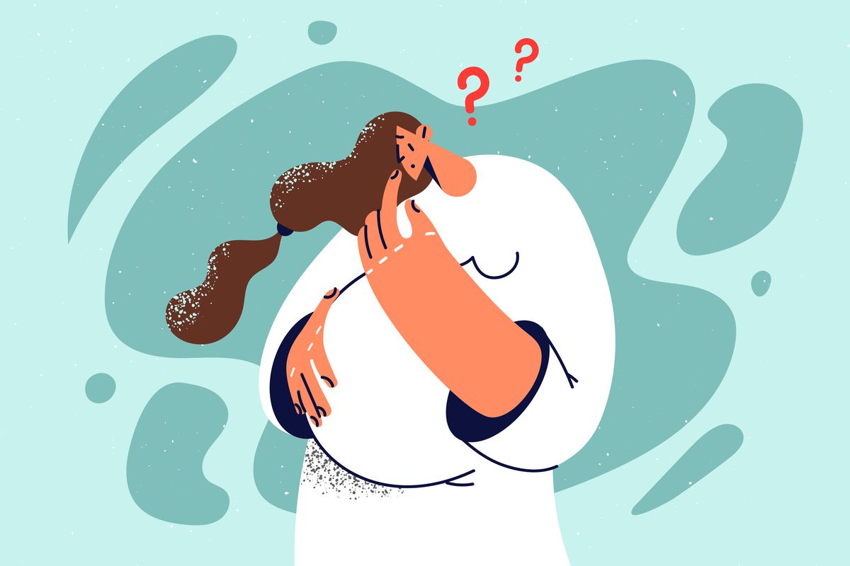 toon of a pregnant woman with question marks above her head.