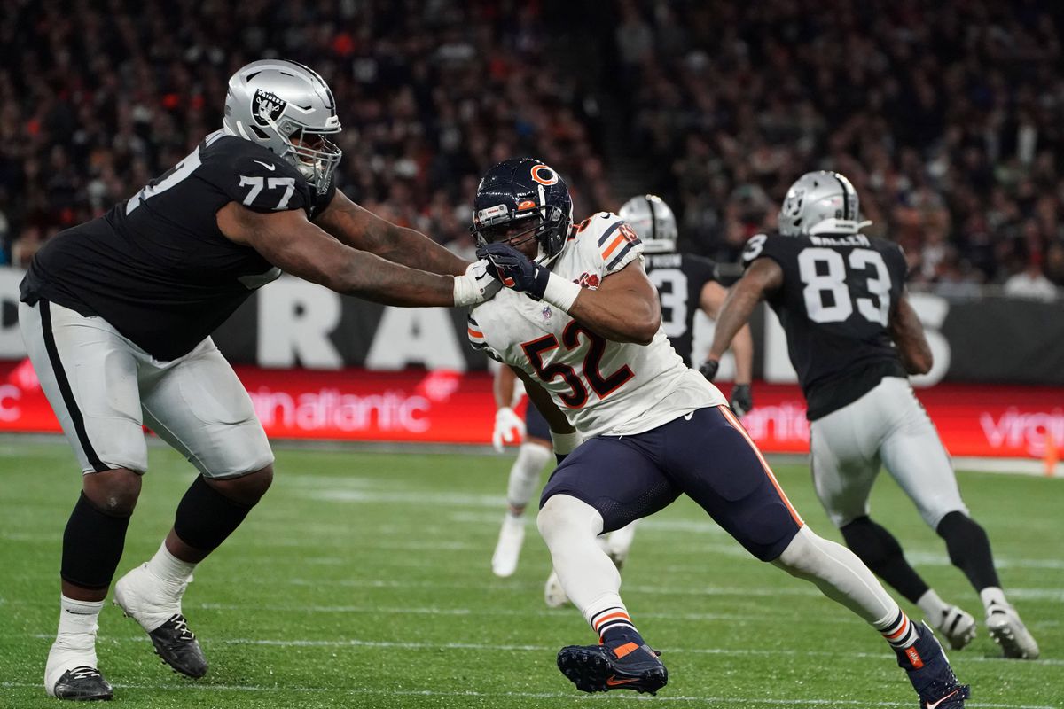 Chicago Bears outside linebacker Khalil Mack is defended by Oakland Raiders offensive tackle Trent Brown during an NFL International Series game at Tottenham Hotspur Stadium. The Raiders defeated the Bears 24-21.&nbsp;