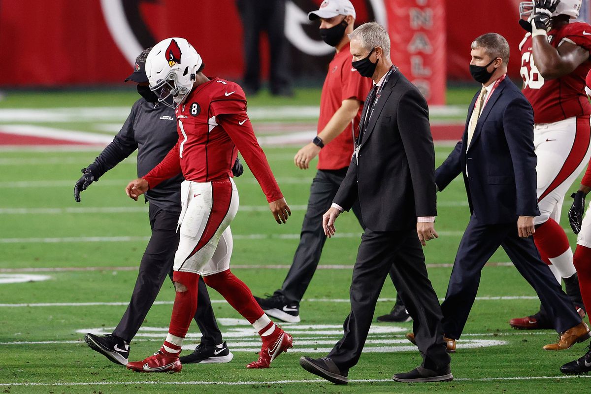 Quarterback Kyler Murray #1 of the Arizona Cardinals walks off the field after an injury during the NFL game against the San Francisco 49ers at State Farm Stadium on December 26, 2020 in Glendale, Arizona. The 49ers defeated the Cardinals 20-12.
