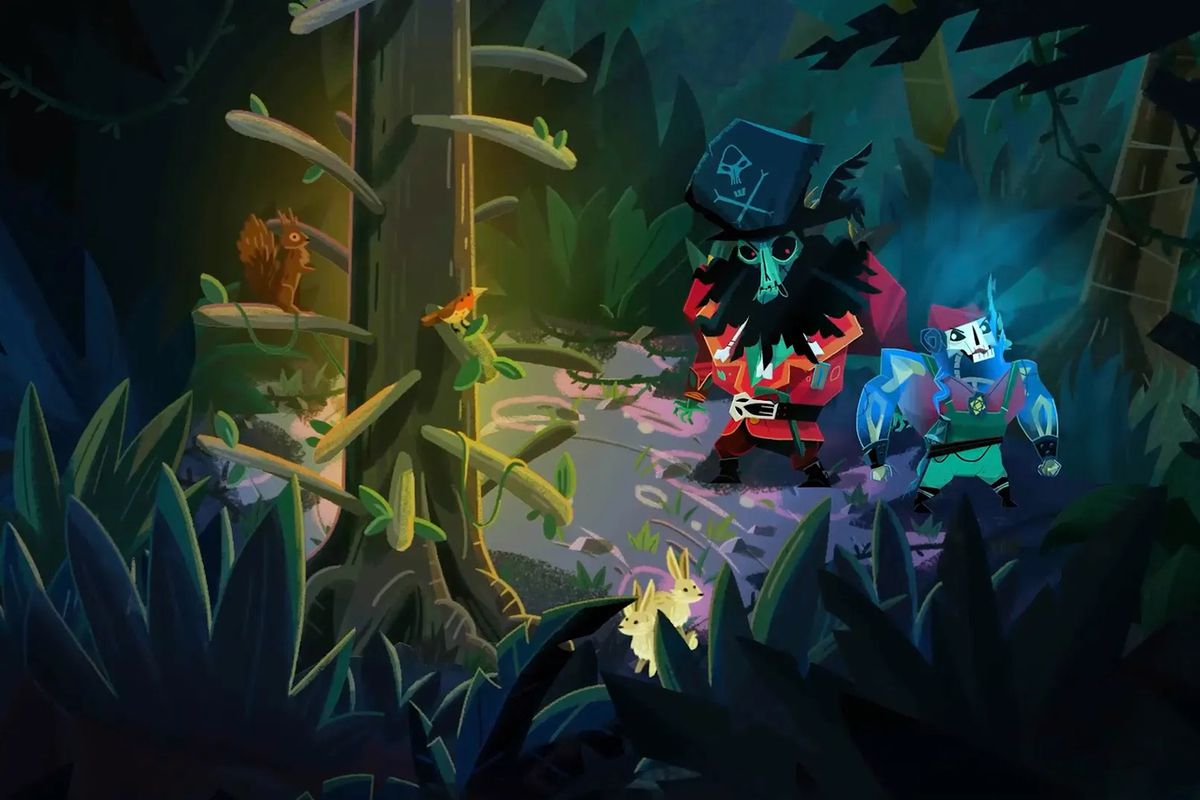 A group of pirates stand around the jungle in Return to Monkey Island