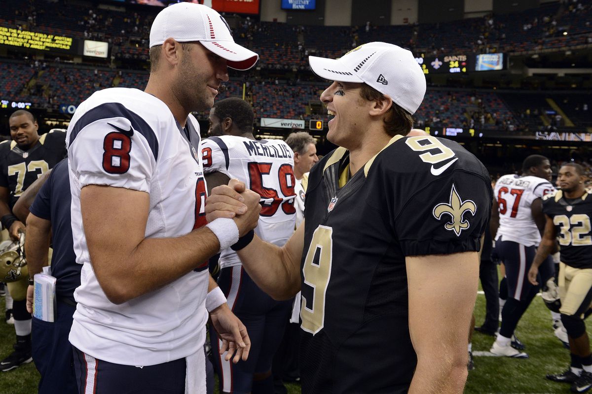A future Hall of Famer and Drew Brees share a post game laugh.