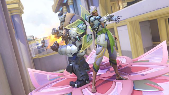 Lifeweaver and BOB stand atop a petal platform in a screenshot from Overwatch 2