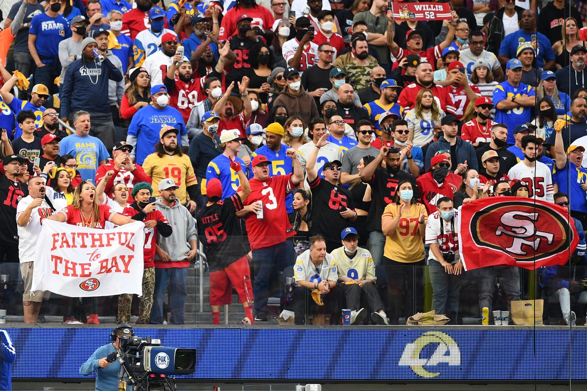 San Francisco 49er fans cheer during the NFL game between the San Francisco 49ers and the Los Angeles Rams on January 9, 2022, at SoFi Stadium in Inglewood, CA.