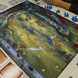 The game board from The Battle of Five Armies, from Ares Games, features four territories divided into several regions. The Shadow Army must attempt to capture as much as it can before the Free Peoples can be reinforced.  