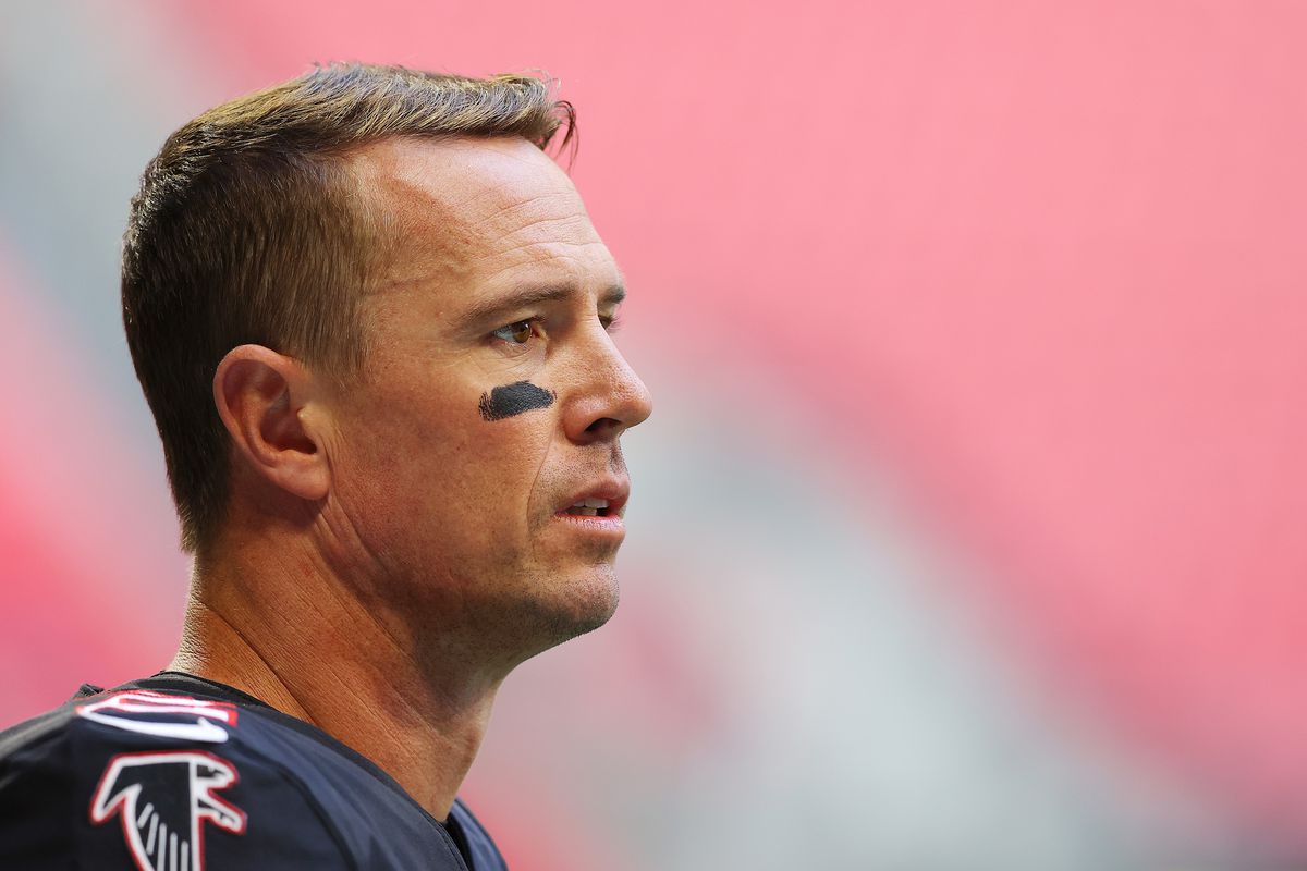 Matt Ryan #2 of the Atlanta Falcons looks on during warm-up before the game against the Detroit Lions at Mercedes-Benz Stadium on December 26, 2021 in Atlanta, Georgia.