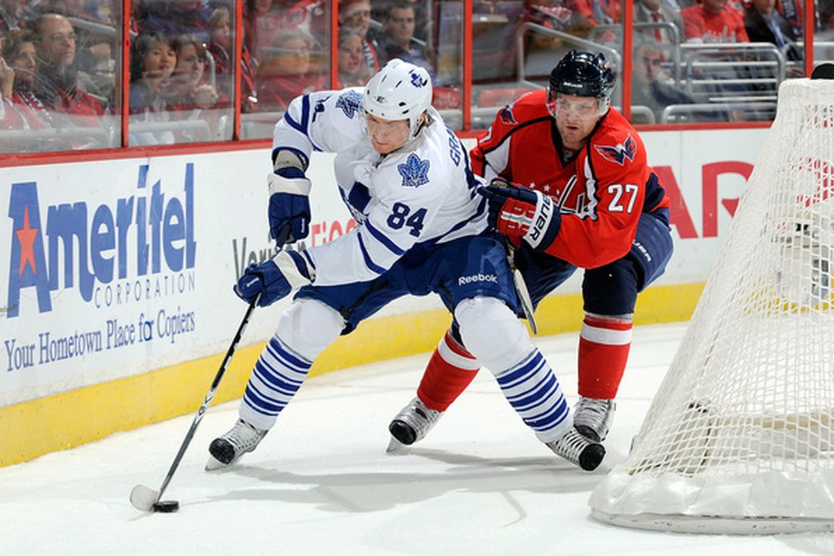WASHINGTON - NOVEMBER 03:  Mikhail Grabovski #84 of the Toronto Maple Leafs keep the puck away from Karl Alzner #27 the Washington Capitals at the Verizon Center on November 3 2010 in Washington DC.  (Photo by Greg Fiume/Getty Images)