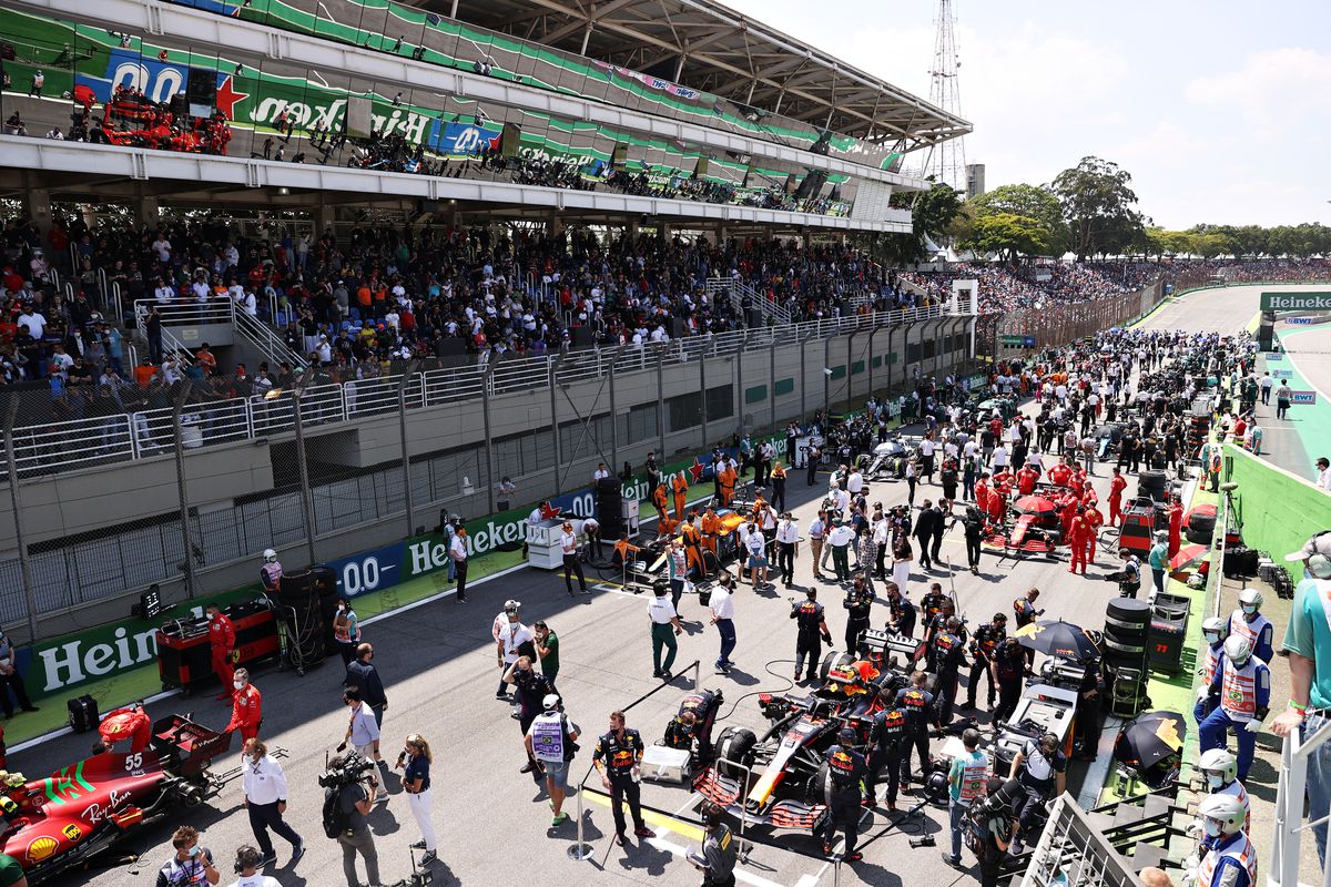 A general view of the grid as cars are prepared prior to the F1 Grand Prix of Brazil at Autodromo Jose Carlos Pace on November 14, 2021 in Sao Paulo, Brazil.