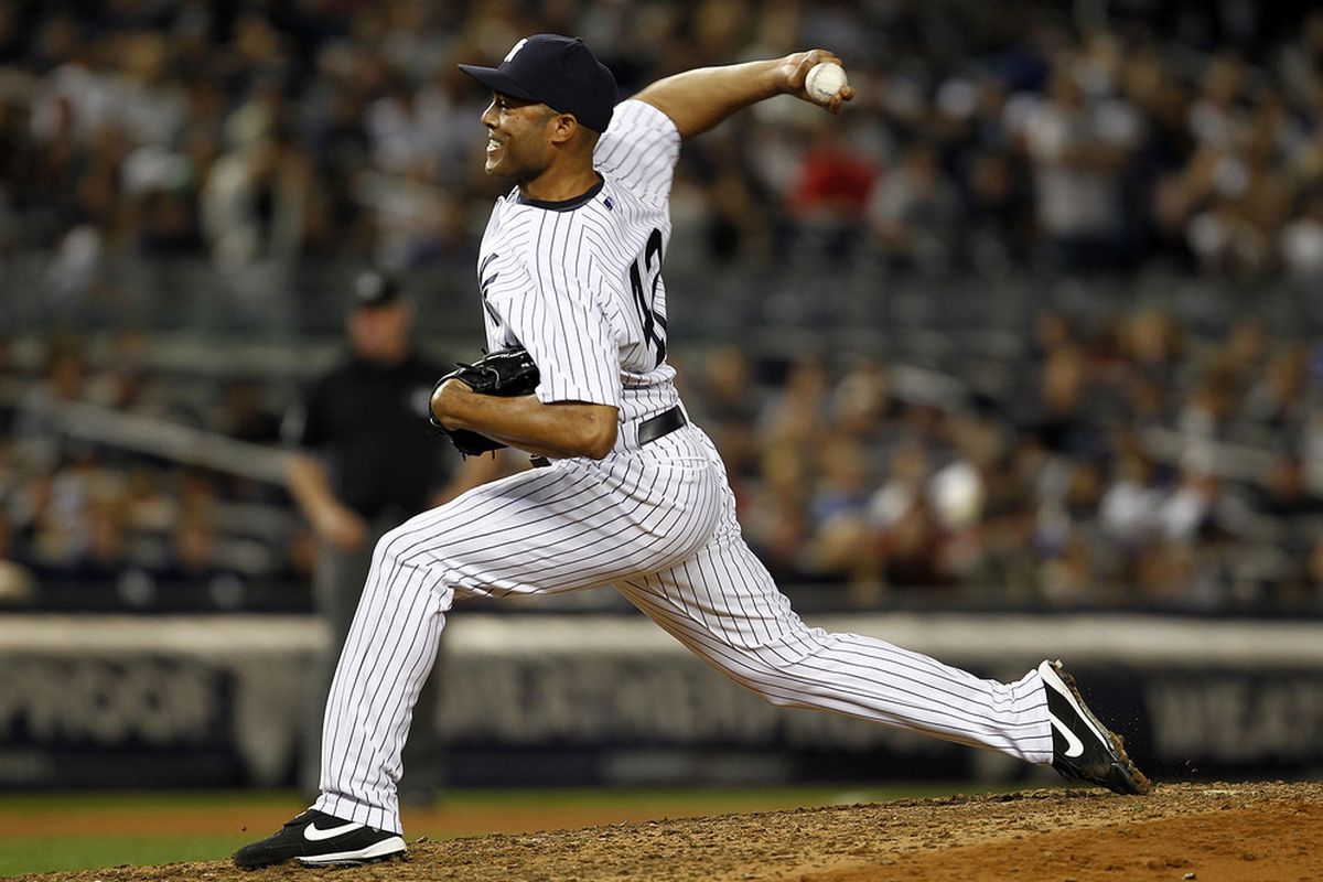 NEW YORK - SEPTEMBER 02:  Mariano Rivera #42 of the New York Yankees delivers during a game against the Toronto Blue Jays at Yankee Stadium on September 2, 2011 in the Bronx Borough of New York City.  (Photo by Jeff Zelevansky/Getty Images)